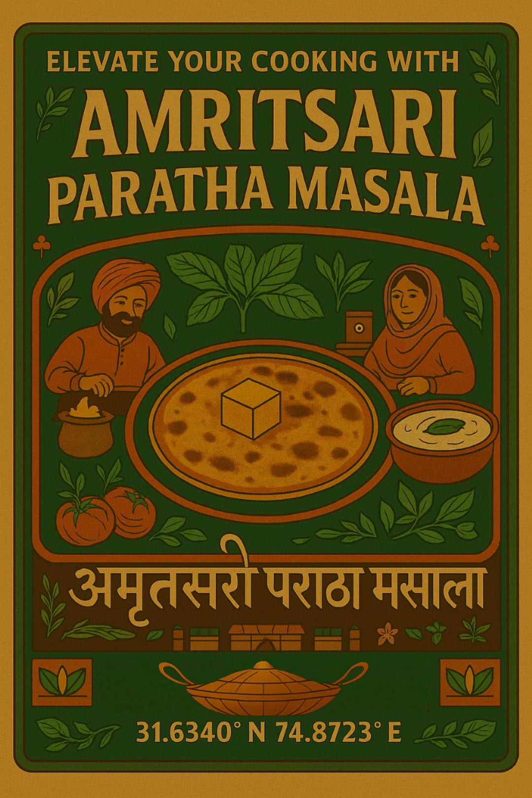 Advertisement for Amritsari Paratha Masala with illustrations of people and food on a green background.